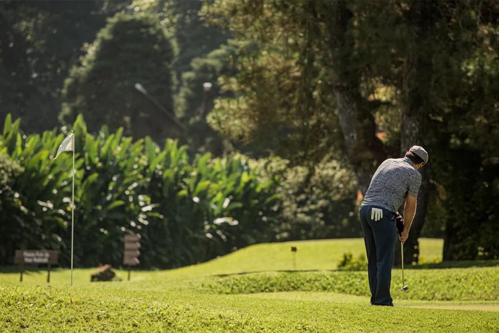 Ein Golfer schlägt den Ball auf einem modernen Golfplatz inmitten dichter Vegetation ab. Im Vordergrund ist die Fahne des Lochs zu sehen, im Hintergrund rahmen hohe Bäume die Szene ein.