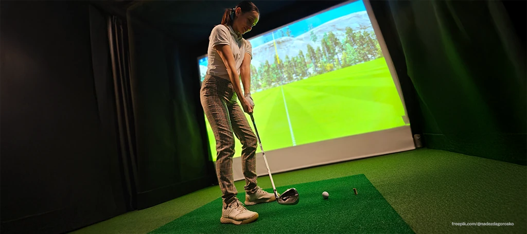 Frau spielt im Golf Simulator mit Driver